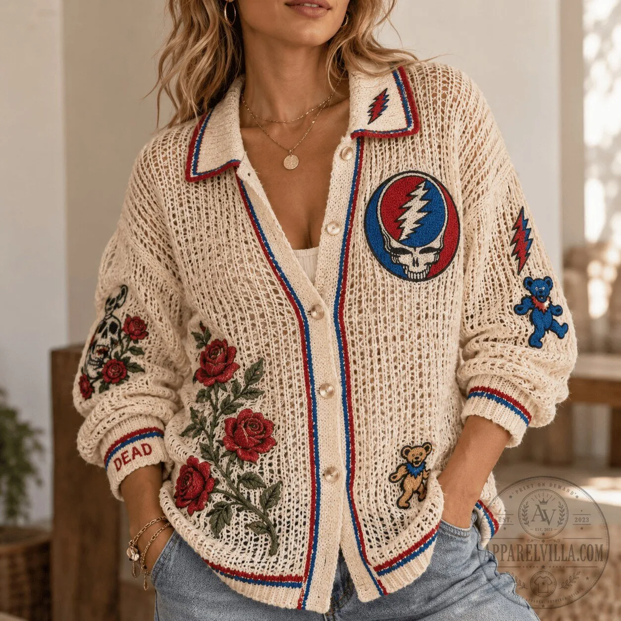 Grateful Dead Steal Your Face Skull Embroidered Open Knit Cardigan